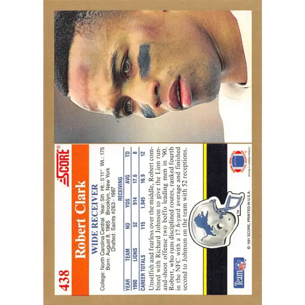 1991 Score #438 Robert Clark EX Excellent Detroit Lions Football Card - Football Card Single