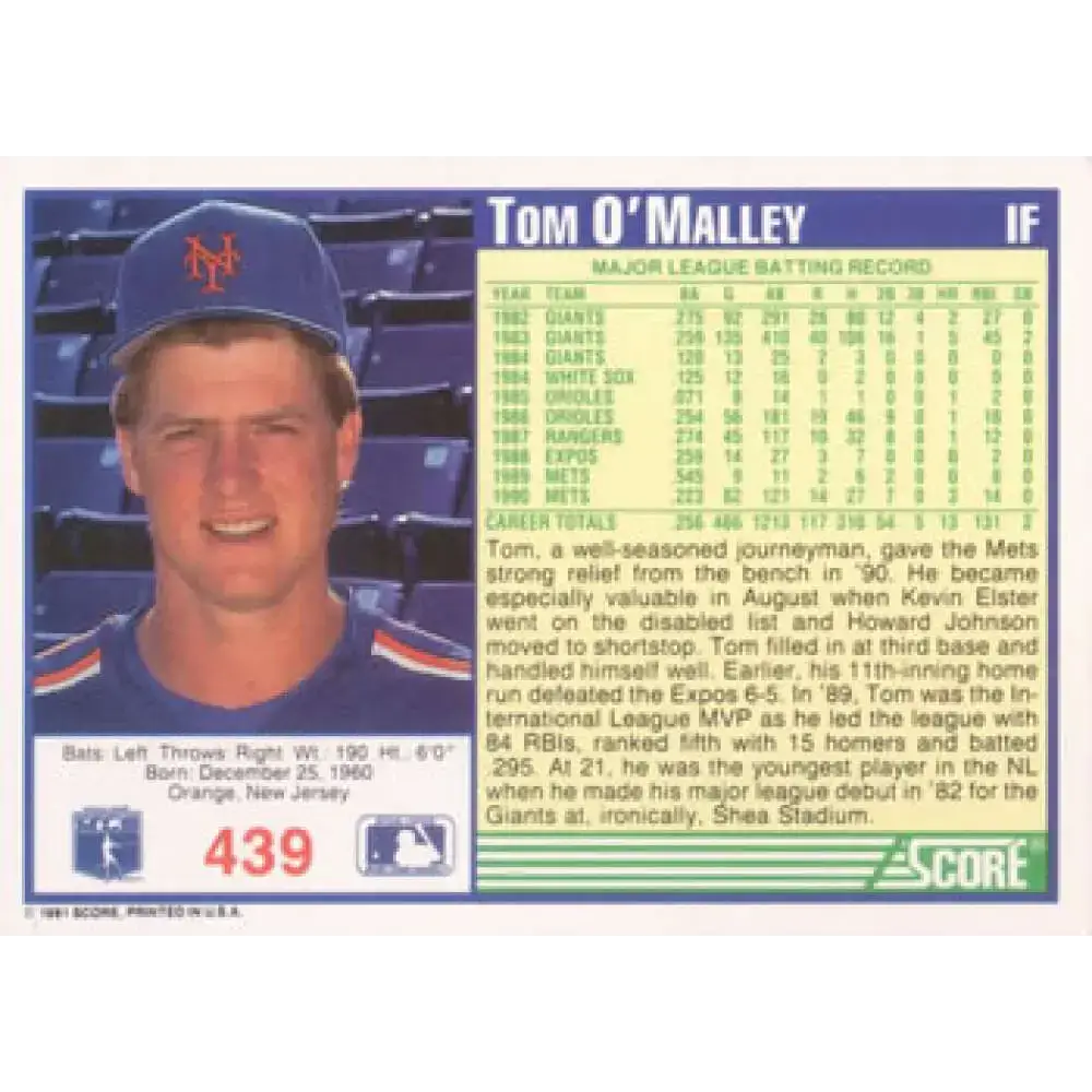 1991 Score #439 Tom O’Malley NM-MT New York Mets Baseball Card - Baseball Card Single