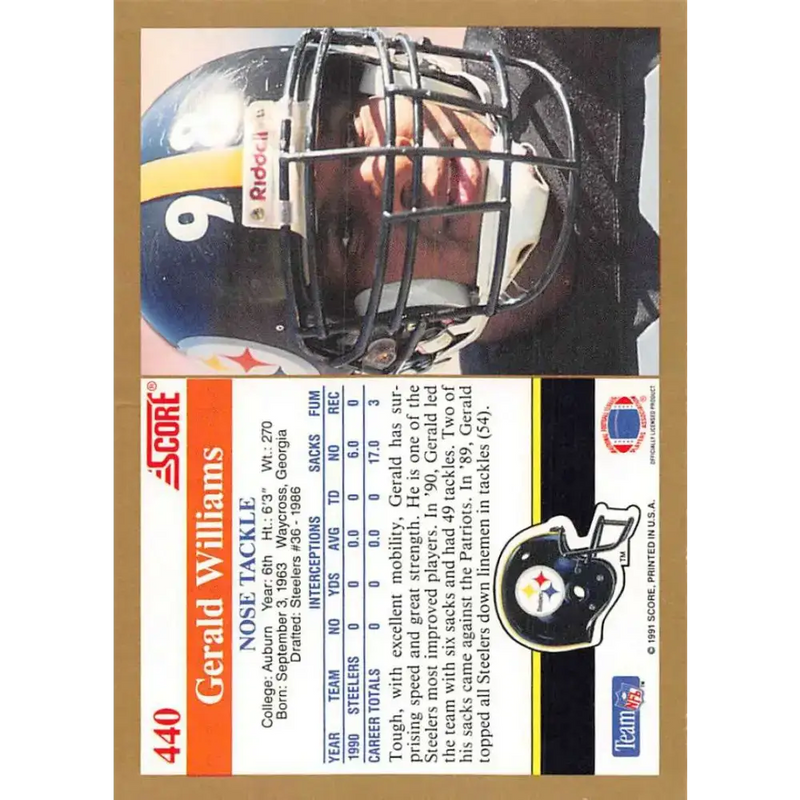 1991 Score #440 Gerald Williams EX Excellent Pittsburgh Steelers Football Card - Football Card Single