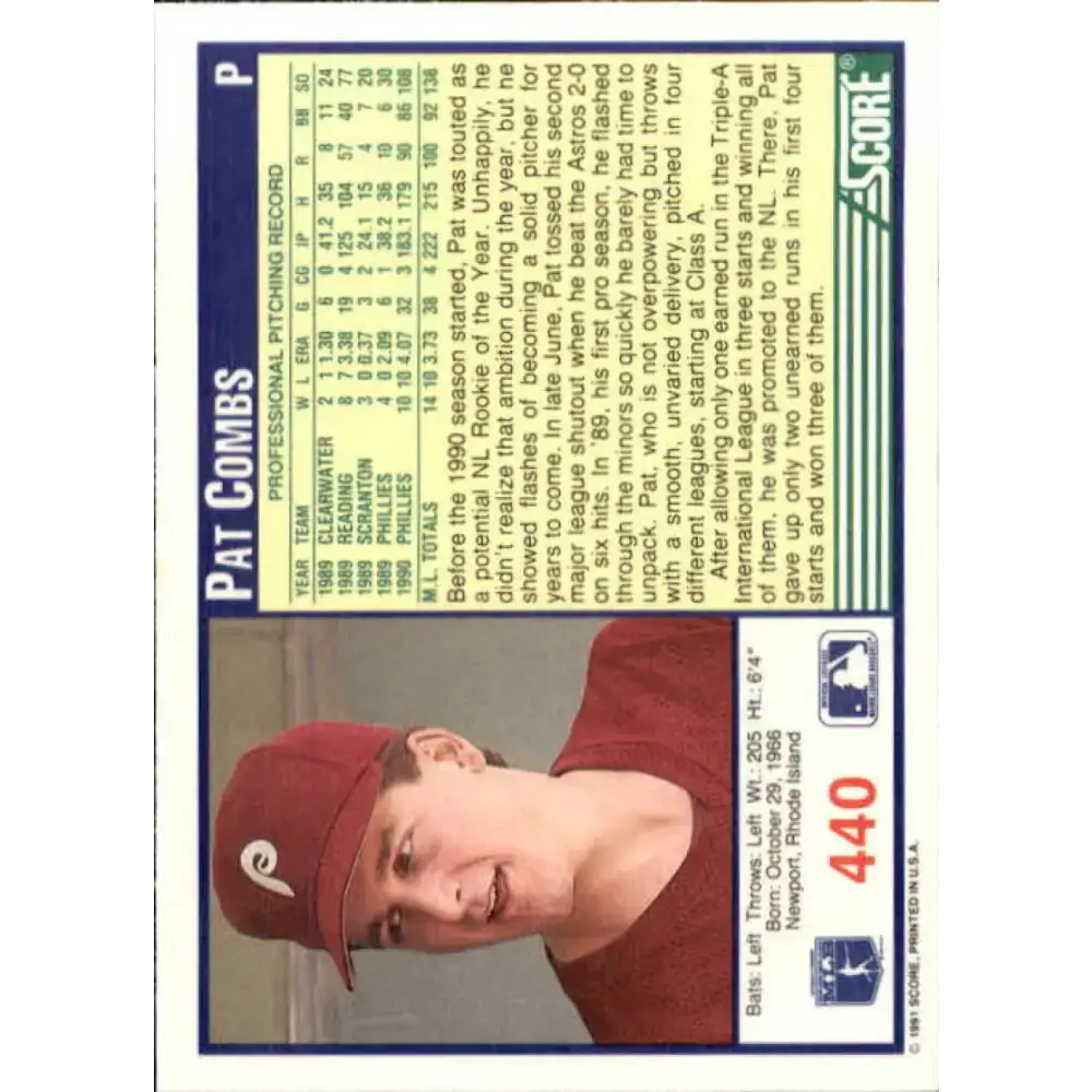 1991 Score #440 Pat Combs NM-MT Philadelphia Phillies Baseball Card - Baseball Card Single