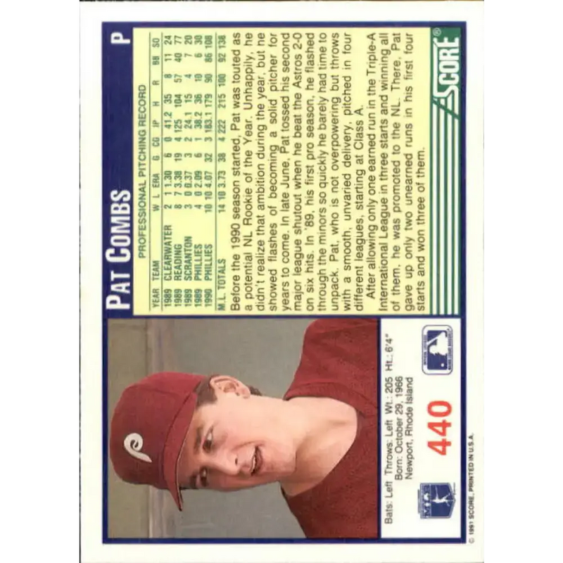 1991 Score #440 Pat Combs NM-MT Philadelphia Phillies Baseball Card - Baseball Card Single
