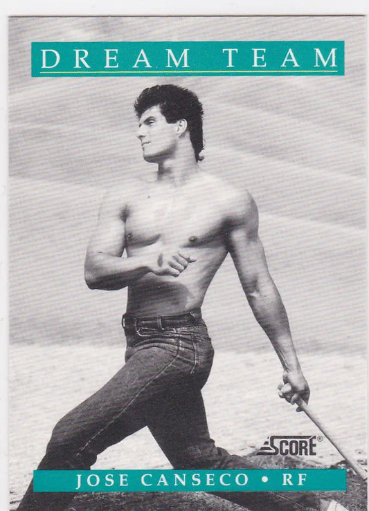 Baseball card of Jose Canseco Dream Team posing shirtless on the beach in jeans