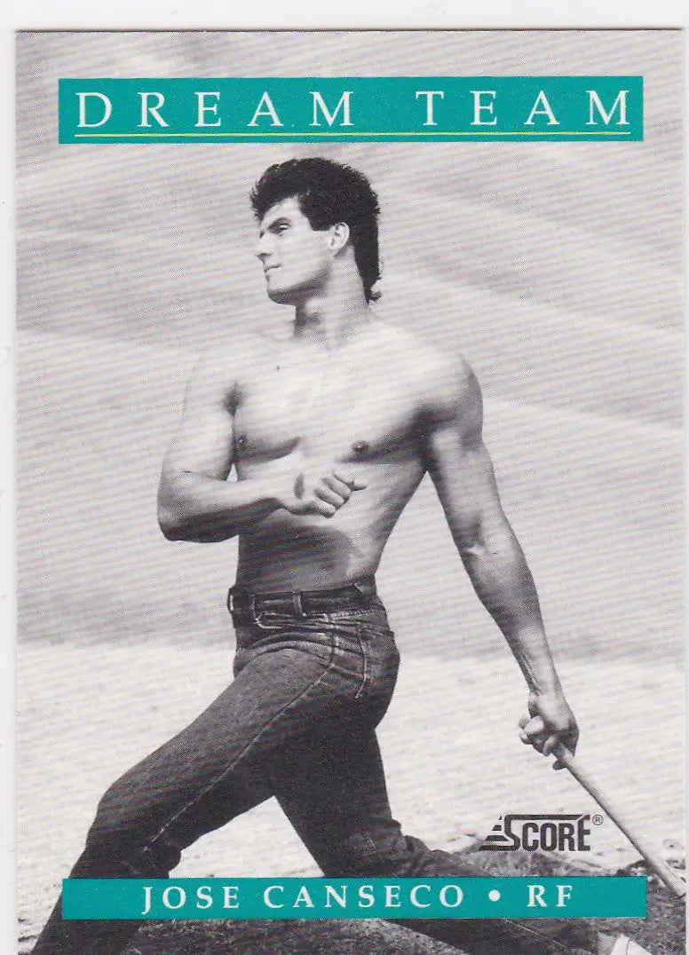 Baseball card of Jose Canseco Dream Team posing shirtless on the beach in jeans