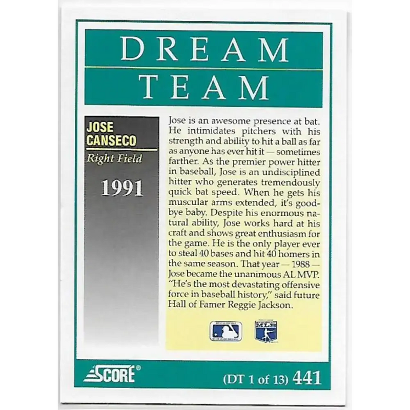 1991 Score #441 Jose Canseco DT NM-MT Oakland Athletics Baseball Card - Baseball Card Single