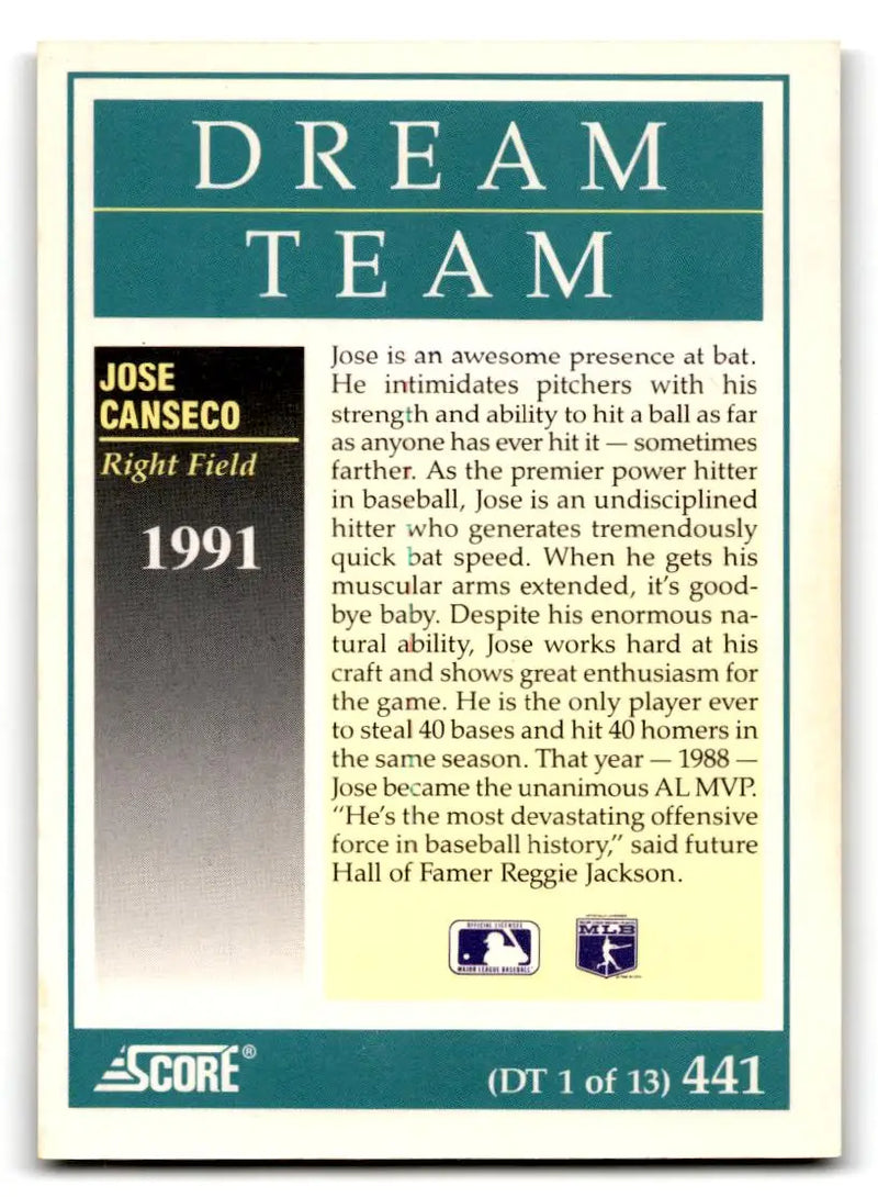 1991 Score #441 Jose Canseco - Baseball Card Single