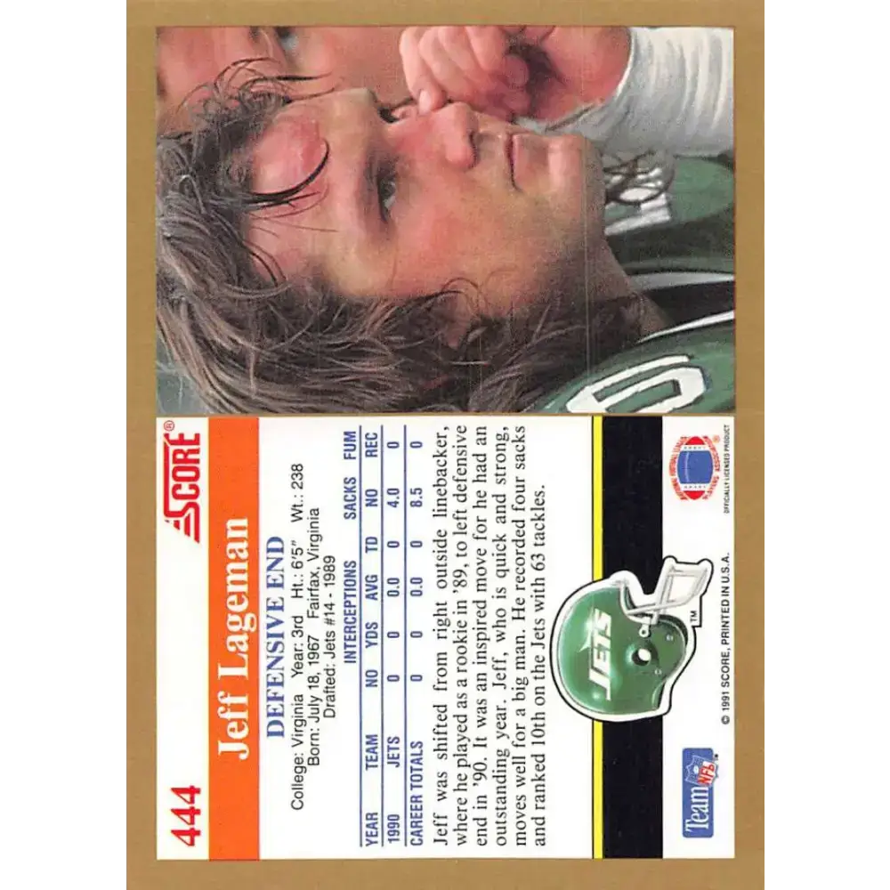1991 Score #444 Jeff Lageman EX Excellent New York Jets Football Card - Football Card Single