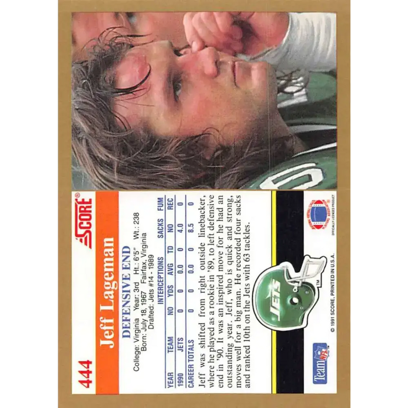 1991 Score #444 Jeff Lageman EX Excellent New York Jets Football Card - Football Card Single