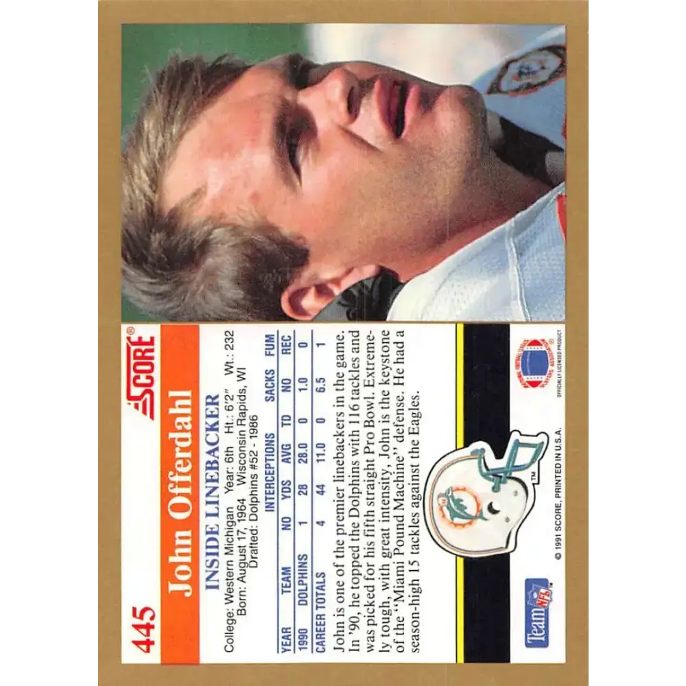 1991 Score #445 John Offerdahl EX Excellent Miami Dolphins Football Card - Football Card Single