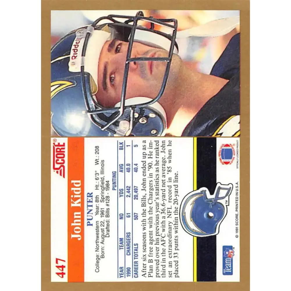 1991 Score #447 John Kidd EX Excellent San Diego Chargers Football Card - Football Card Single