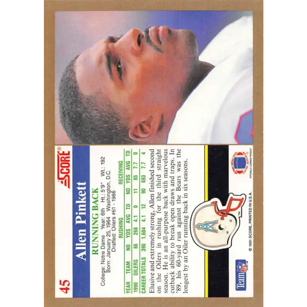 1991 Score #45 Allen Pinkett EX Excellent Houston Oilers Football Card - Football Card Single