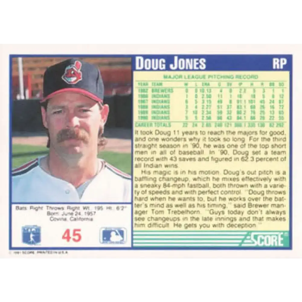 1991 Score #45 Doug Jones NM-MT Cleveland Indians Baseball Card - Baseball Card Single