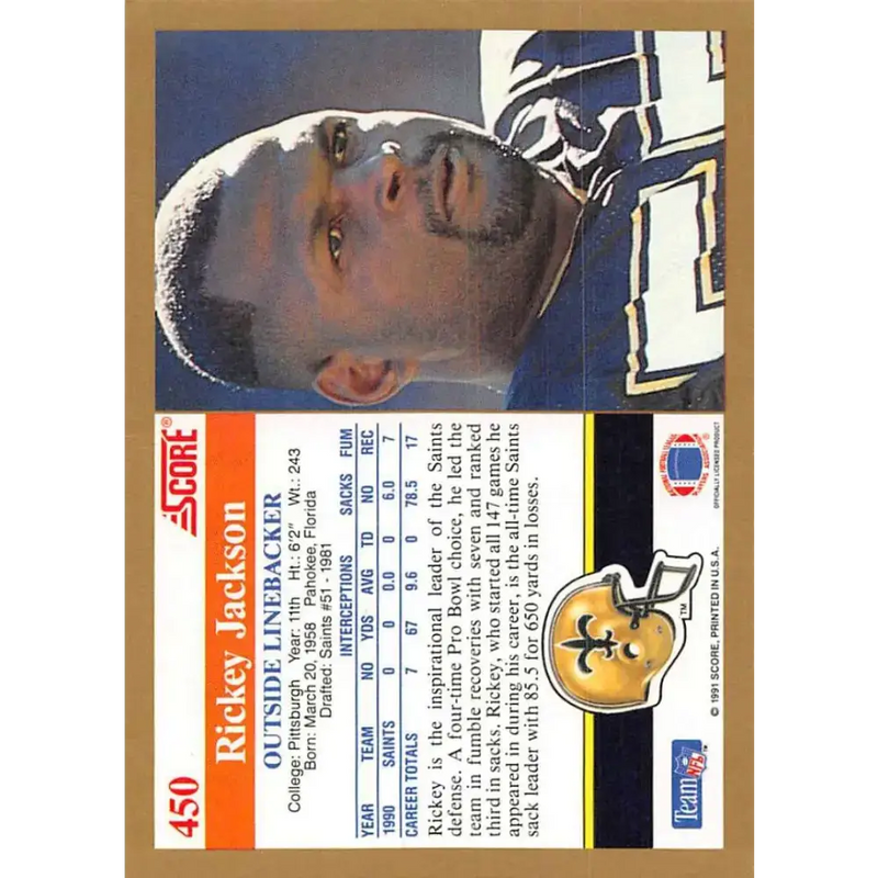 1991 Score #450 Rickey Jackson EX Excellent New Orleans Saints Football Card - Football Card Single