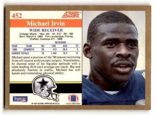 Original gloss 1991 Score Michael Irvin Dallas Cowboys football card featuring Irvin Dallas