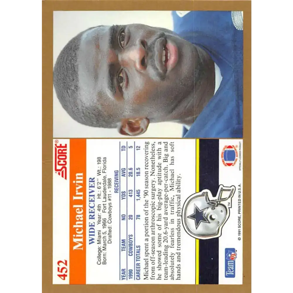 1991 Score #452 Michael Irvin EX Excellent Dallas Cowboys Football Card - Football Card Single