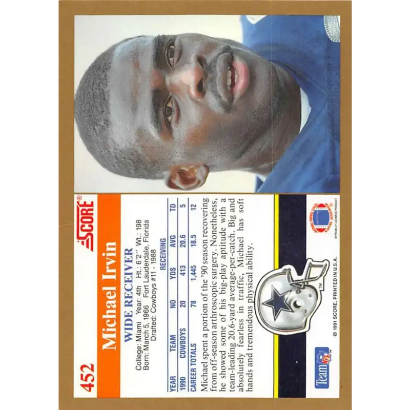 1991 Score #452 Michael Irvin EX Excellent Dallas Cowboys Football Card - Football Card Single