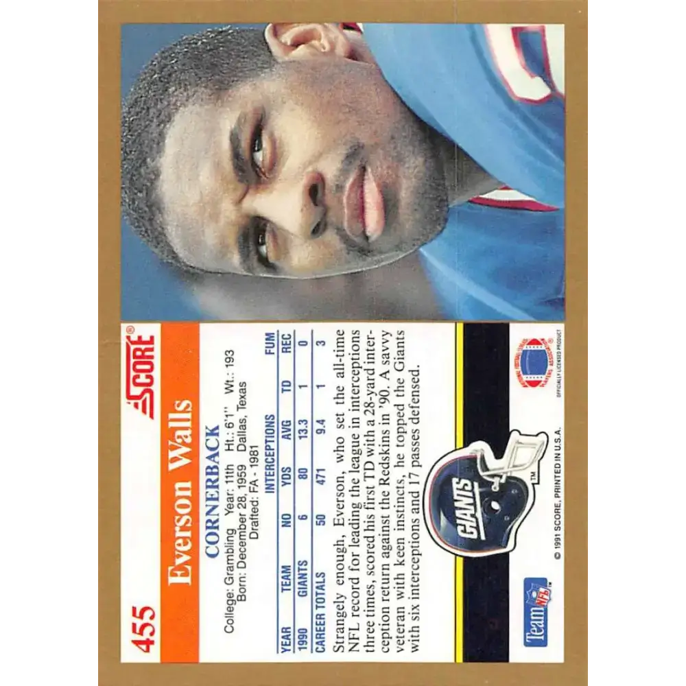 1991 Score #455 Everson Walls EX Excellent New York Giants Football Card - Football Card Single