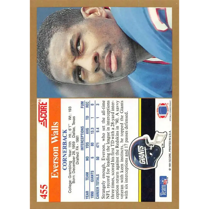 1991 Score #455 Everson Walls EX Excellent New York Giants Football Card - Football Card Single