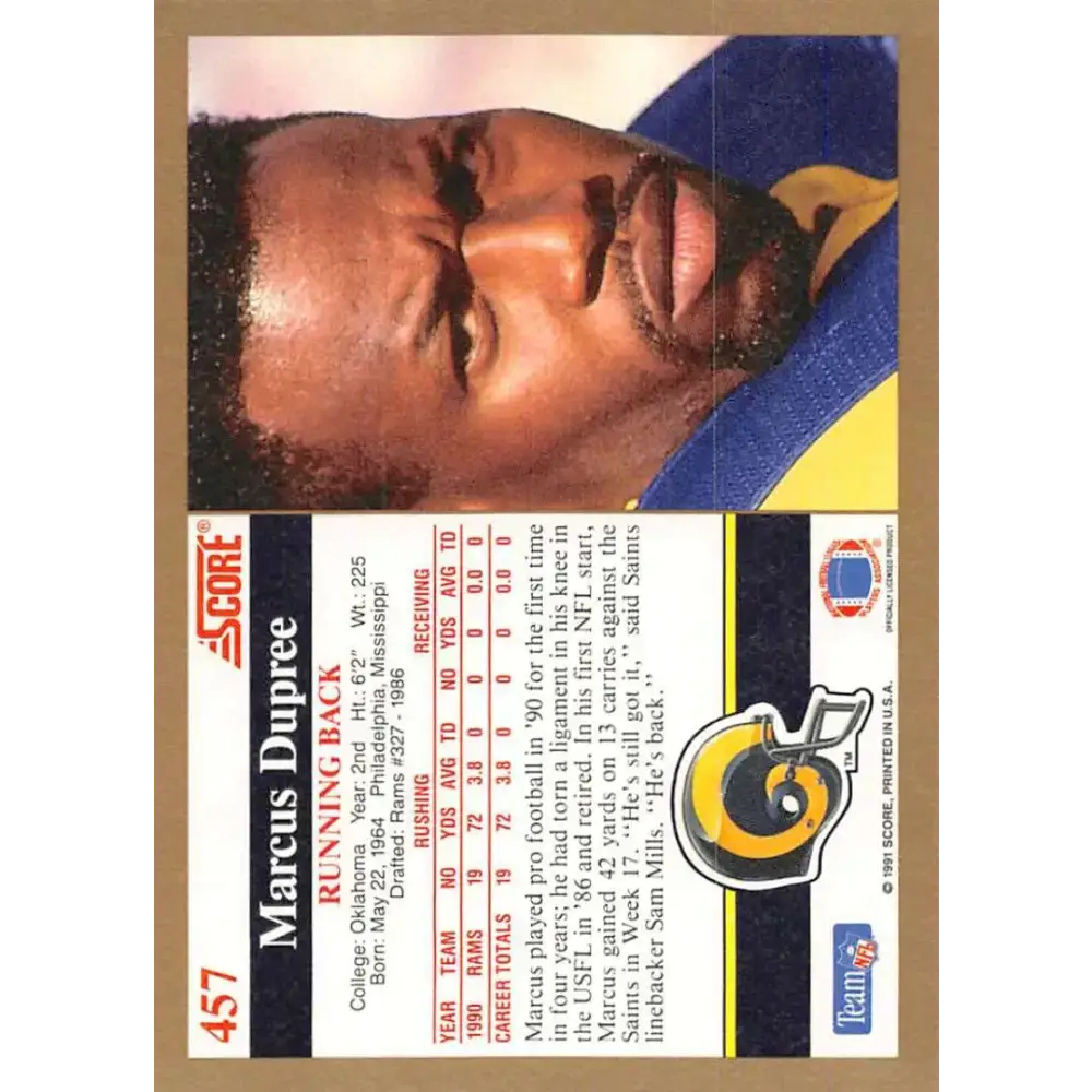 1991 Score #457 Marcus Dupree EX Excellent Los Angeles Rams Football Card - Football Card Single