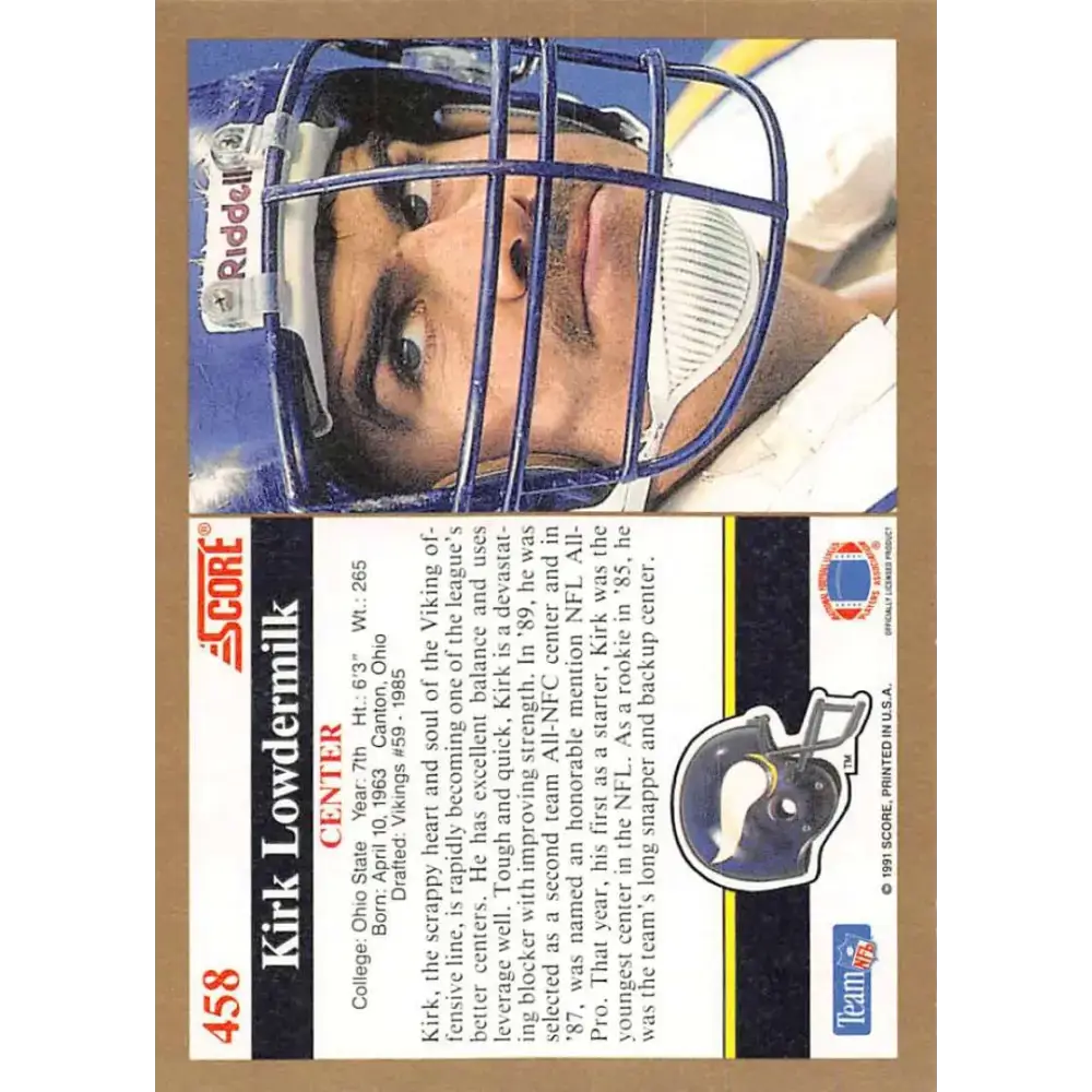 1991 Score #458 Kirk Lowdermilk EX Excellent Minnesota Vikings Football Card - Football Card Single
