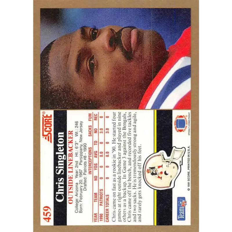 1991 Score #459 Chris Singleton EX Excellent New England Patriots Football Card - Football Card Single