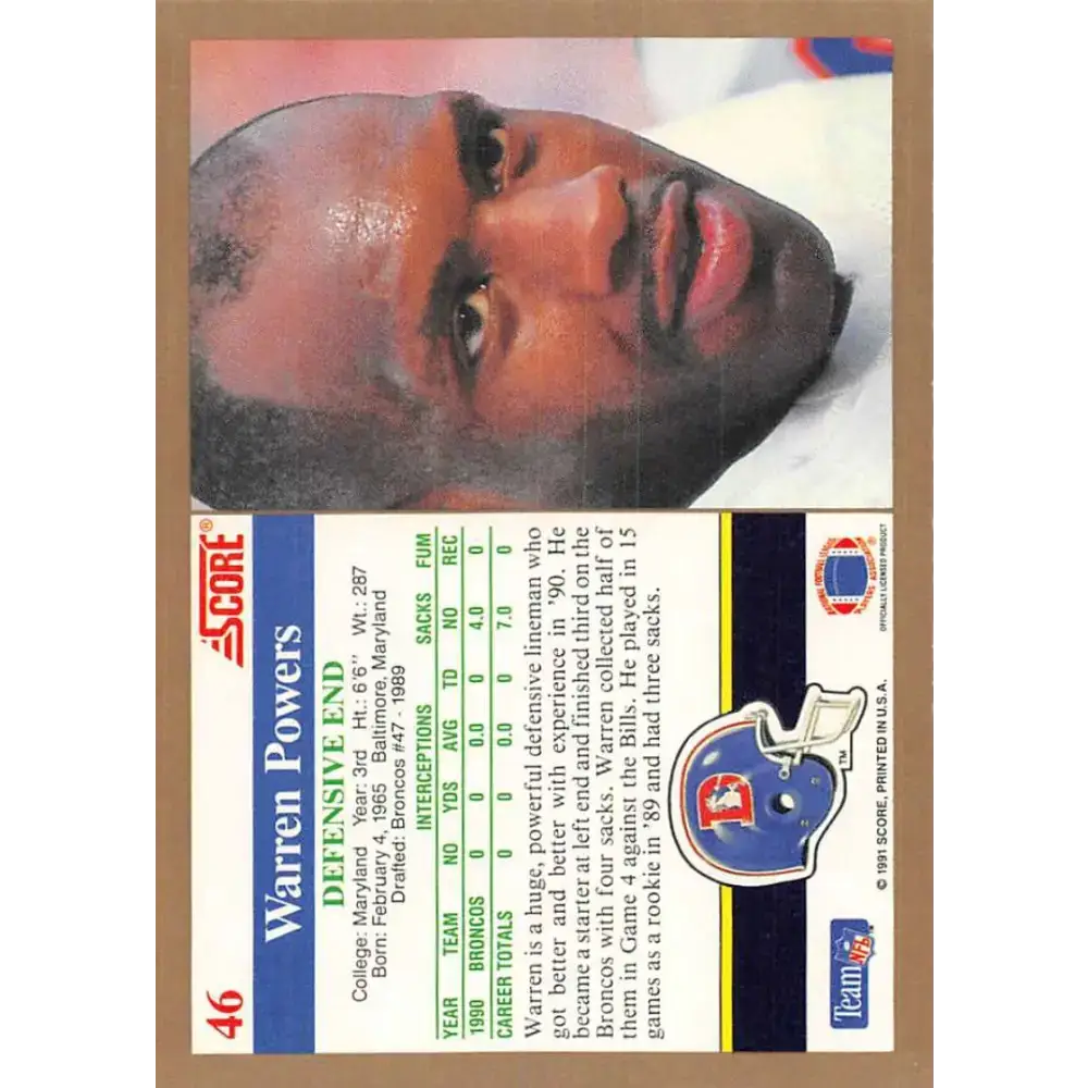 1991 Score #46 Warren Powers EX Excellent Denver Broncos Football Card - Football Card Single