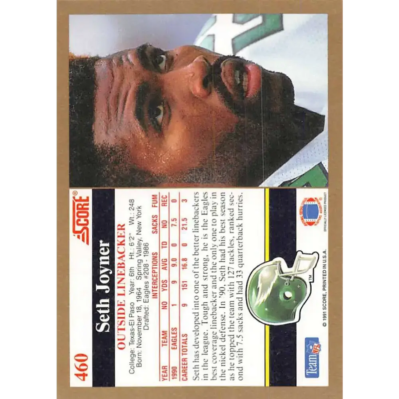 1991 Score #460 Seth Joyner EX Excellent Philadelphia Eagles Football Card - Football Card Single