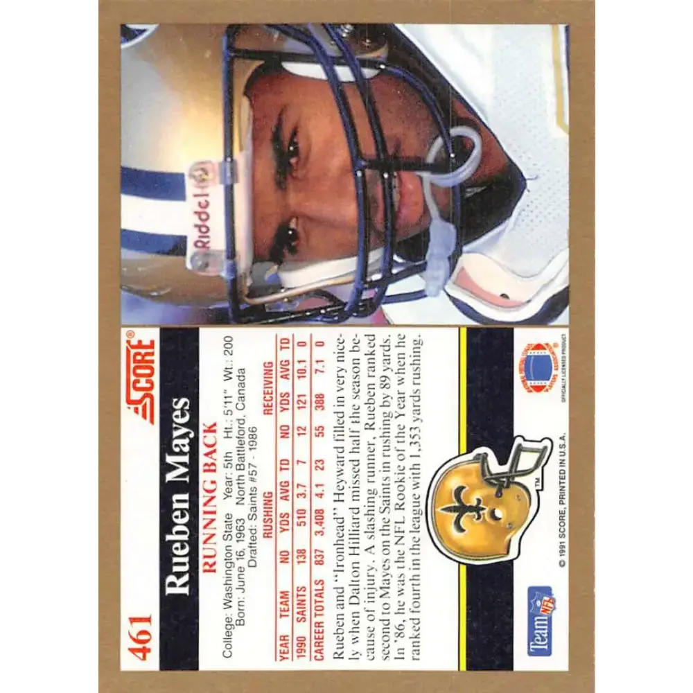 1991 Score #461 Rueben Mayes EX Excellent New Orleans Saints Football Card