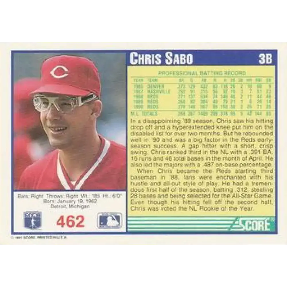 1991 Score #462 Chris Sabo NM-MT Cincinnati Reds Baseball Card - Baseball Card Single
