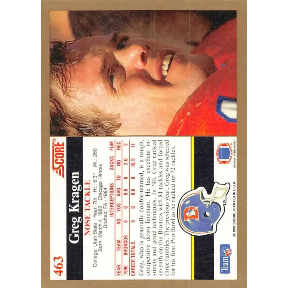 1991 Score #463 Greg Kragen EX Excellent Denver Broncos Football Card - Football Card Single