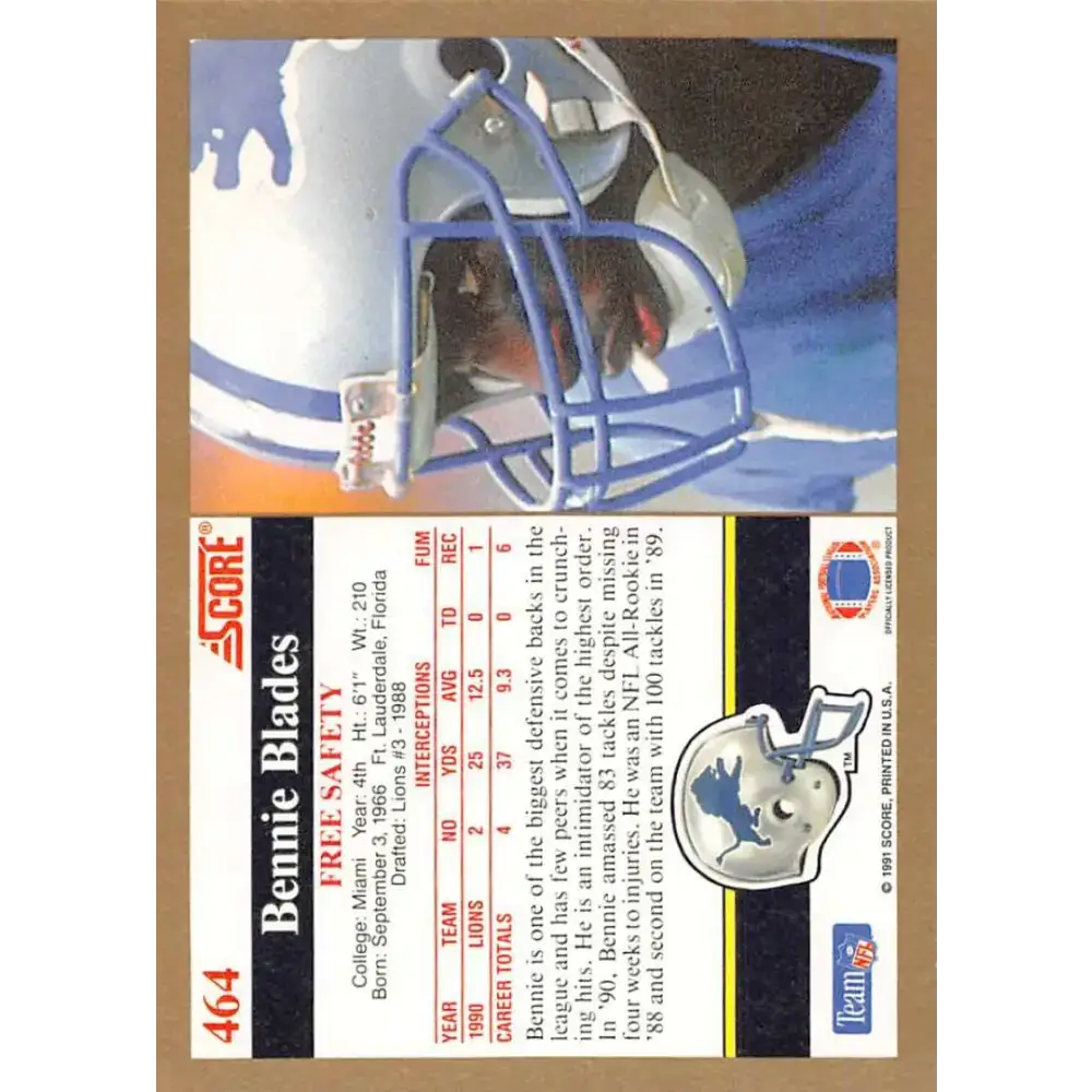 1991 Score #464 Bennie Blades EX Excellent Detroit Lions Football Card - Football Card Single