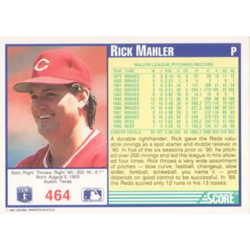 1991 Score #464 Rick Mahler NM-MT Cincinnati Reds Baseball Card - Baseball Card Single