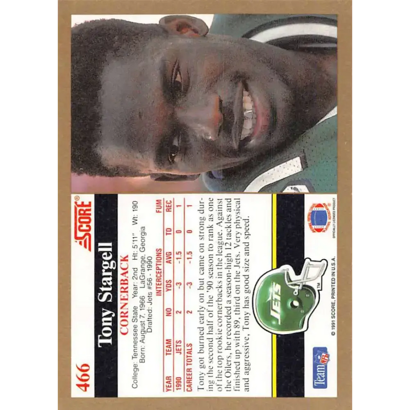 1991 Score #466 Tony Stargell EX Excellent New York Jets Football Card - Football Card Single