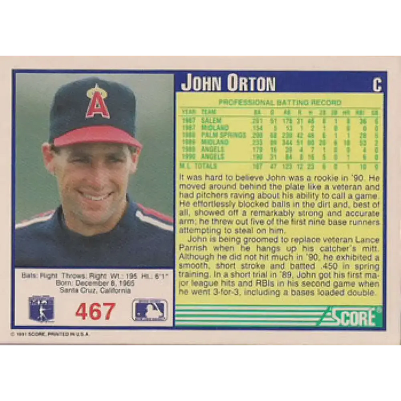 1991 Score #467 John Orton NM-MT California Angels Baseball Card - Baseball Card Single