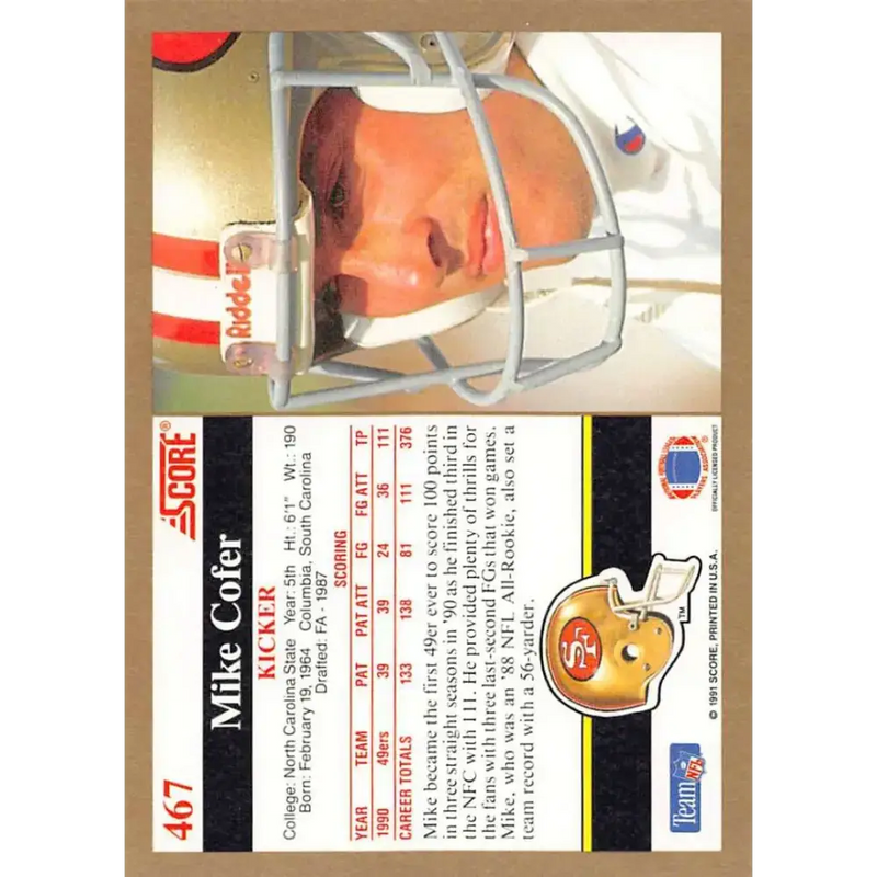 1991 Score #467 Mike Cofer EX Excellent San Francisco 49ers Football Card - Football Card Single