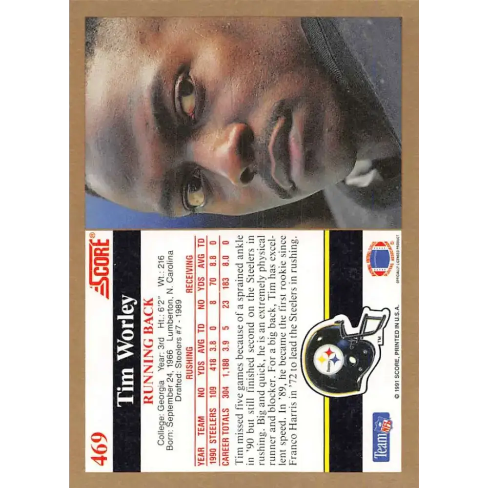 1991 Score #469 Tim Worley EX Excellent Pittsburgh Steelers Football Card - Football Card Single