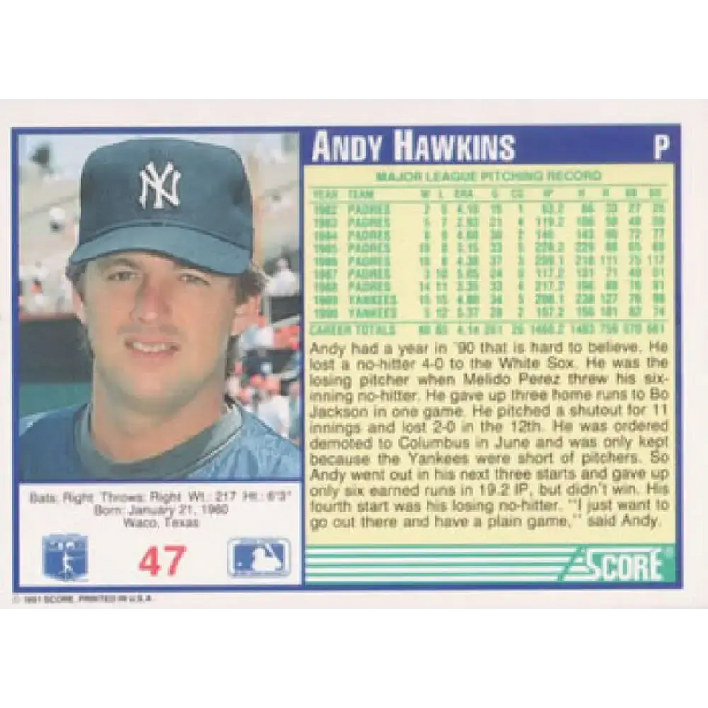 1991 Score #47 Andy Hawkins NM-MT New York Yankees Baseball Card - Baseball Card Single
