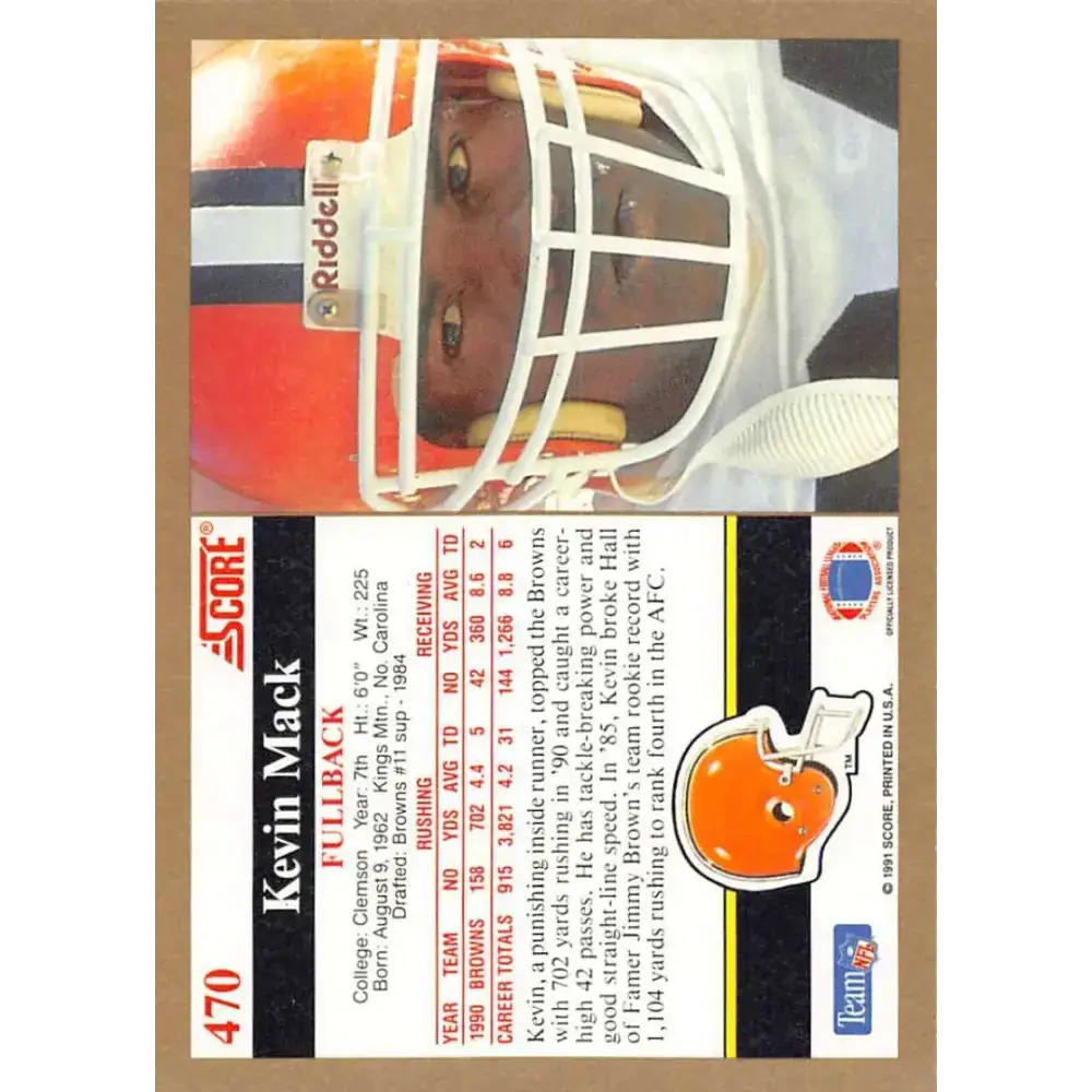 1991 Score #470 Kevin Mack EX Excellent Cleveland Browns Football Card - Football Card Single