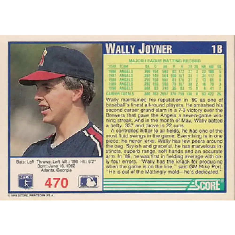 1991 Score #470 Wally Joyner NM-MT California Angels Baseball Card - Baseball Card Single