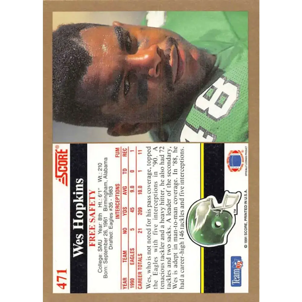 1991 Score #471 Wes Hopkins EX Excellent Philadelphia Eagles Football Card - Football Card Single