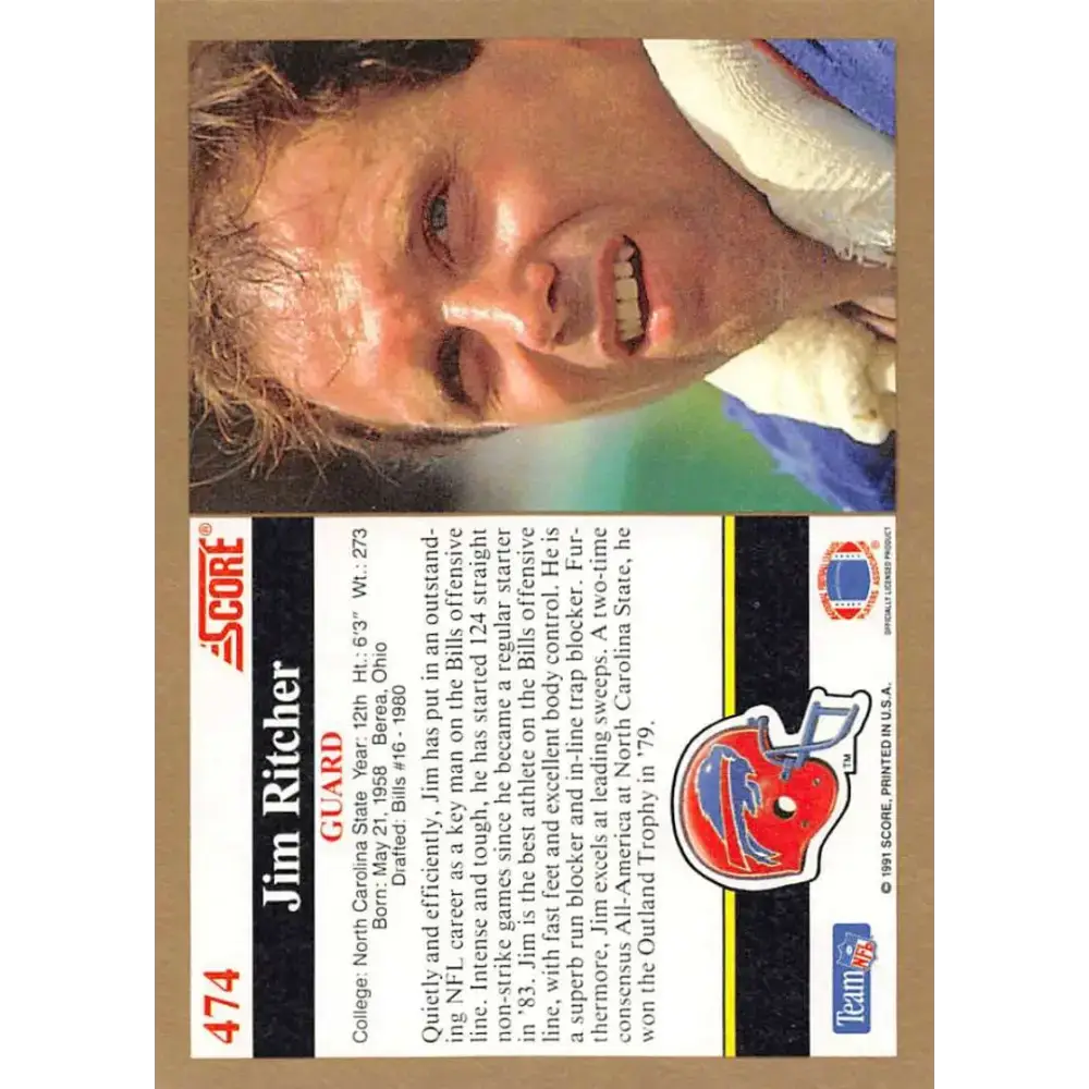 1991 Score #474 Jim Ritcher EX Excellent Buffalo Bills Football Card - Football Card Single