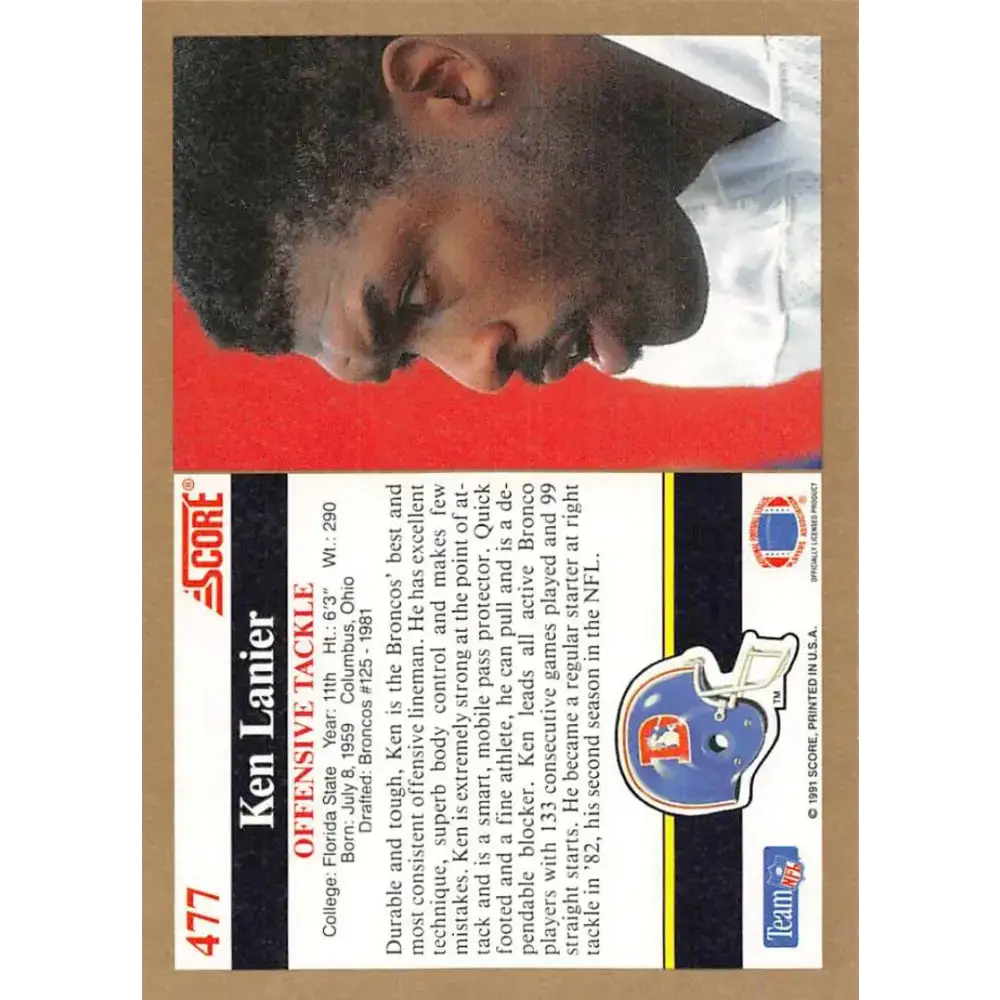 1991 Score #477 Ken Lanier EX Excellent Denver Broncos Football Card - Football Card Single