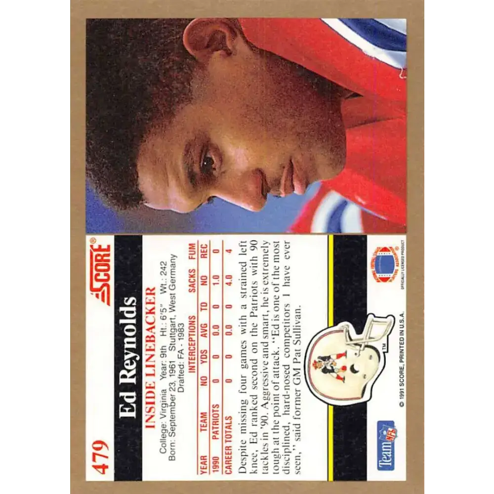 1991 Score #479 Ed Reynolds EX Excellent New England Patriots Football Card - Football Card Single