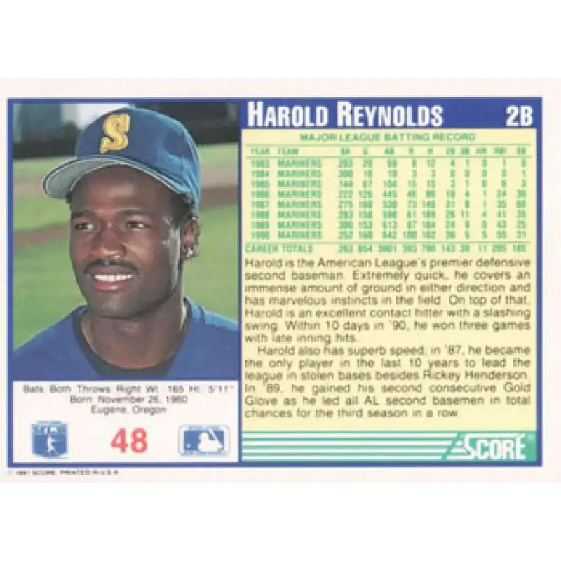 1991 Score #48 Harold Reynolds NM-MT Seattle Mariners Baseball Card - Baseball Card Single
