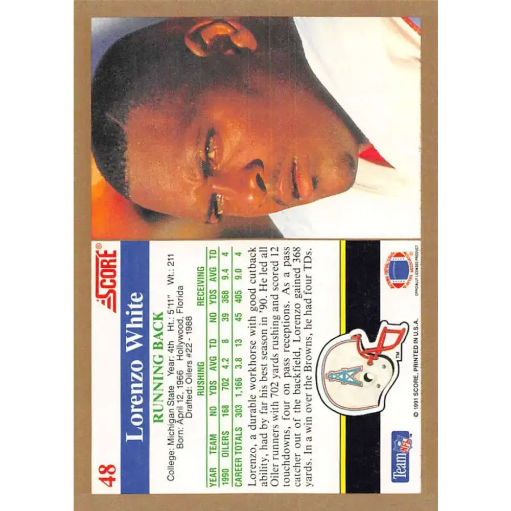 1991 Score #48 Lorenzo White EX Excellent Houston Oilers Football Card - Football Card Single