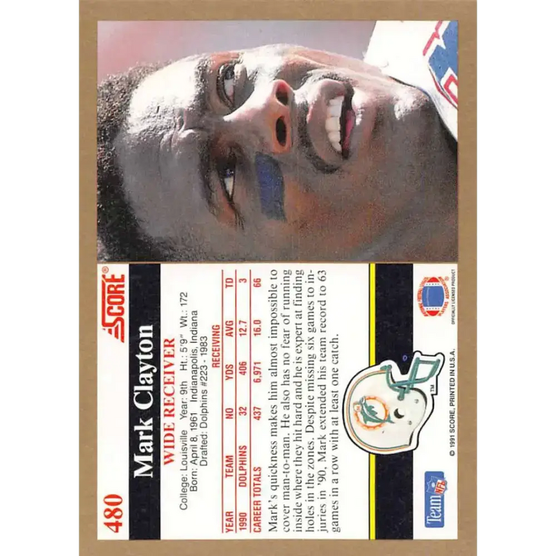 1991 Score #480 Mark Clayton EX Excellent Miami Dolphins Football Card - Football Card Single