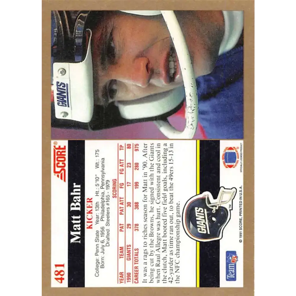 1991 Score #481 Matt Bahr EX Excellent New York Giants Football Card - Football Card Single