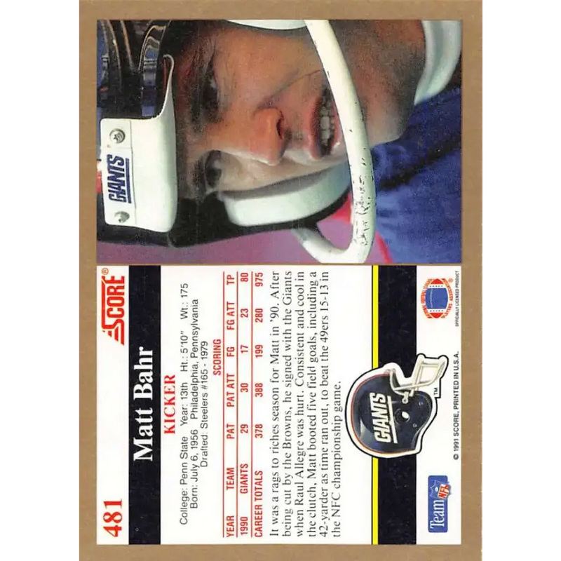 1991 Score #481 Matt Bahr EX Excellent New York Giants Football Card - Football Card Single