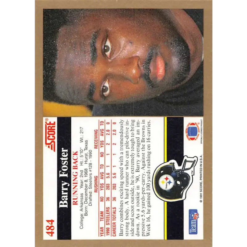 1991 Score #484 Barry Foster EX Excellent Pittsburgh Steelers Football Card - Football Card Single