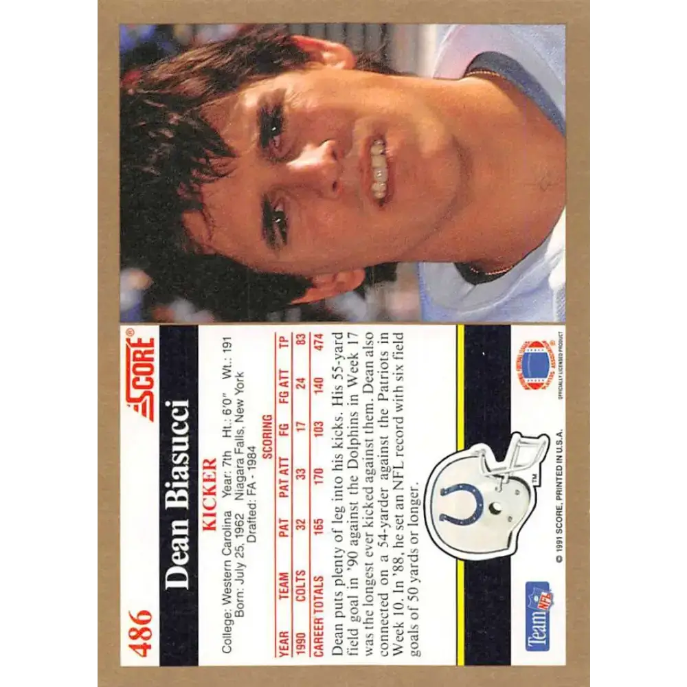 1991 Score #486 Dean Biasucci EX Excellent Indianapolis Colts Football Card