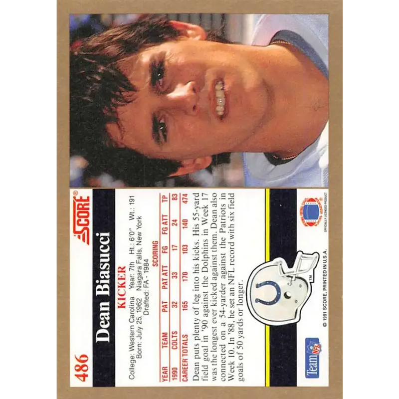 1991 Score #486 Dean Biasucci EX Excellent Indianapolis Colts Football Card